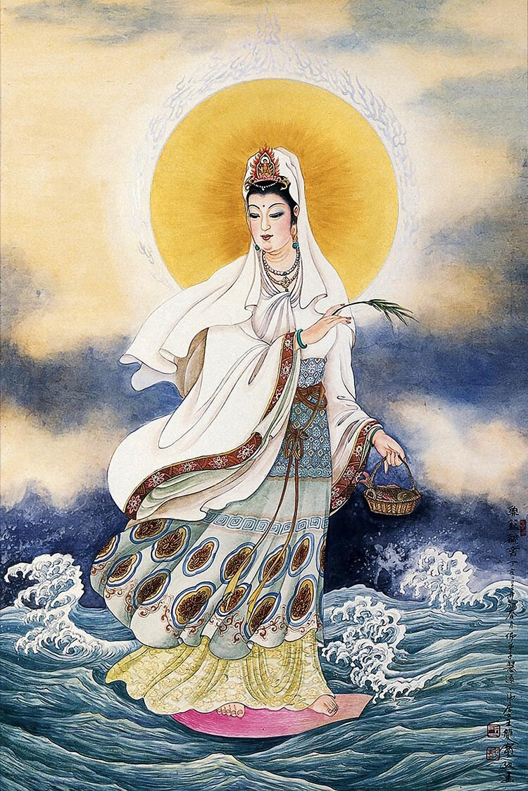 奥尔特 南海白衣杨柳子观音大士净瓶施药观世音菩萨画像结缘卷轴挂画