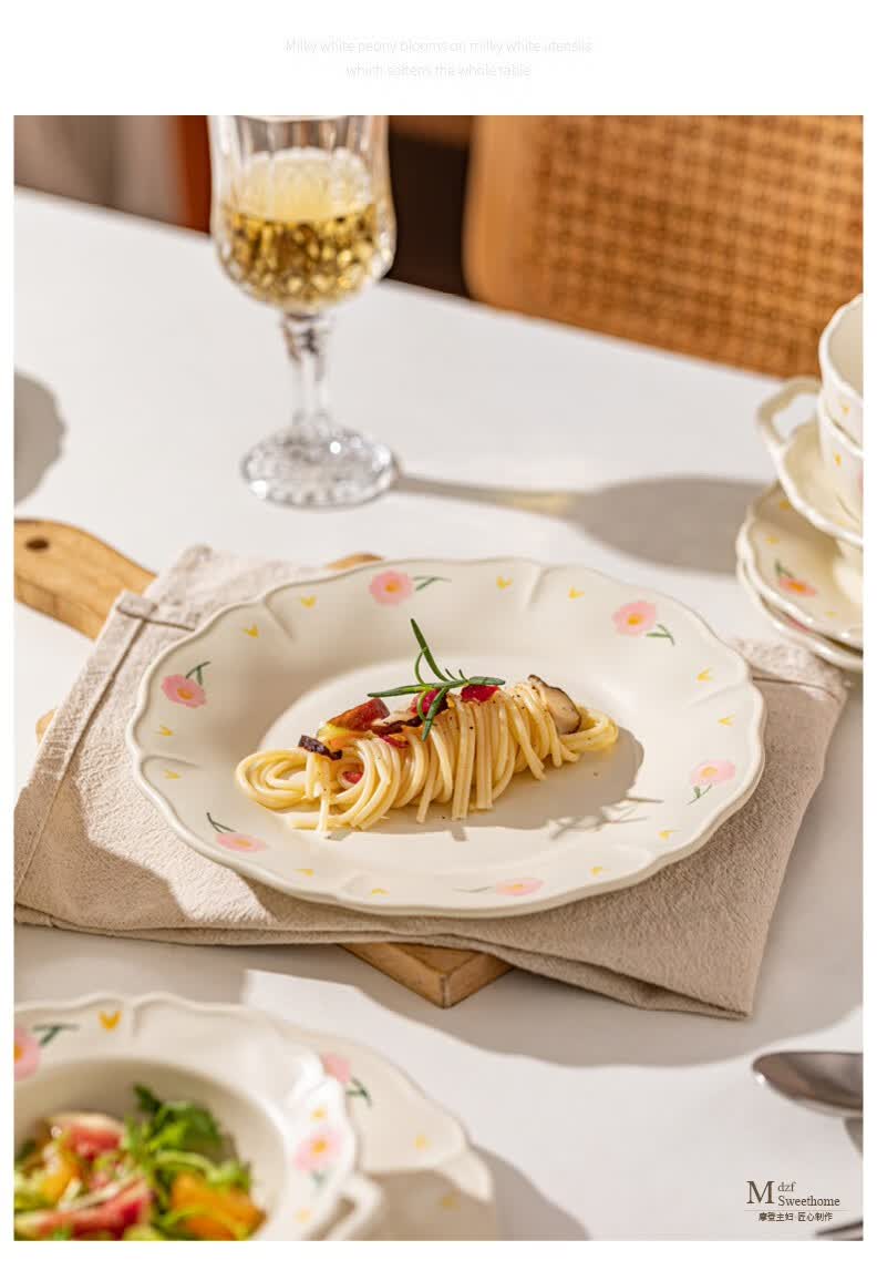 摩登主妇 奶白芍药系列餐具陶瓷饭碗家用双耳沙拉碗高颜值小碗 奶白芍