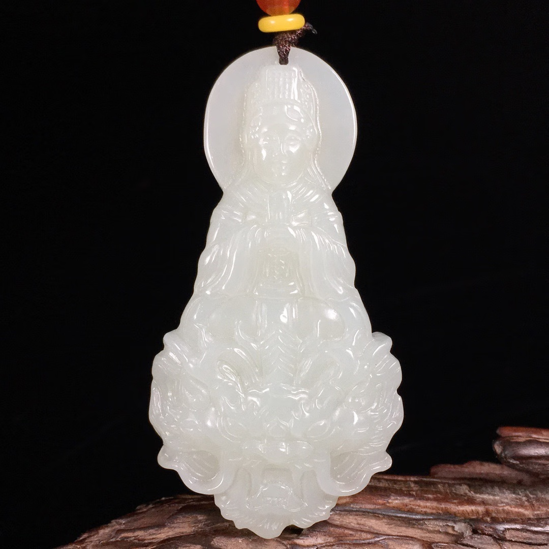 逸阅堂天然新疆和田玉吊坠和田白玉妈祖吊坠玉坠挂件男女款玉牌送 约