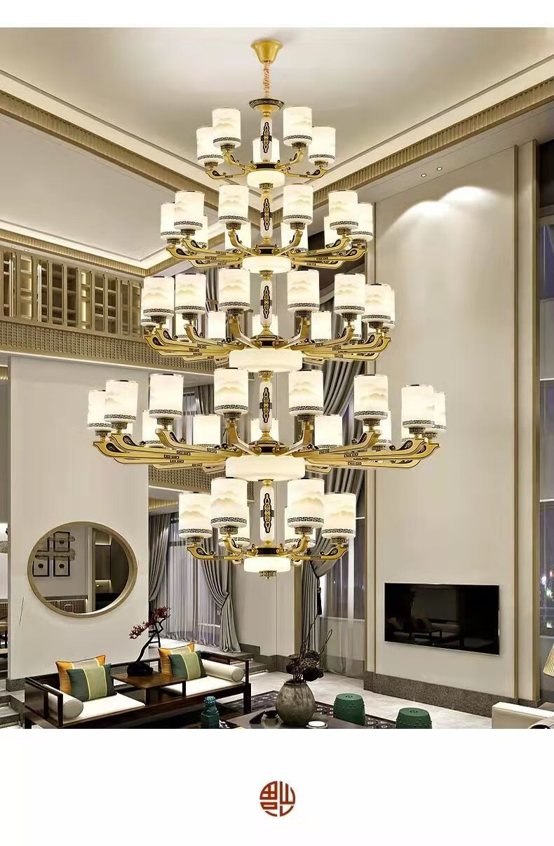 新中式天然玉石吊灯别墅复式楼客厅楼中楼挑高跃三四层自建房大灯六层