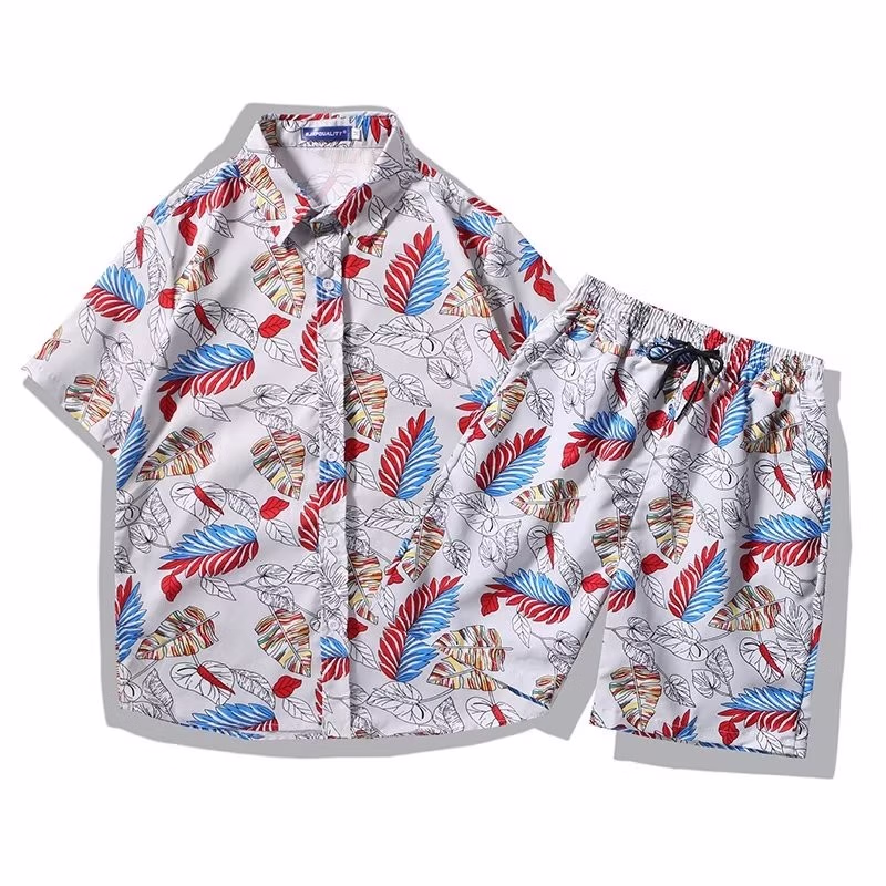 Casual Printed Shirt Men's Summer Beach Shorts Short-sleeved Two-piece Suit Loose Trend Handsome Hawaiian Vacation Shirt Men_viptrois.com