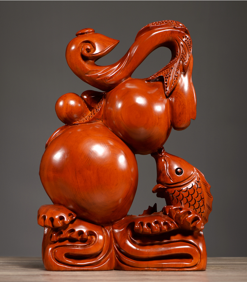 曹堂花梨木雕如意葫芦摆件实木客厅玄关装饰鱼摆件红木雕刻工艺品