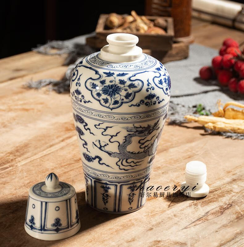 摆件元青花将军罐空瓶1-10斤装陶瓷酒缸具壶酒瓶酒坛茅台瓶型青花瓷龙