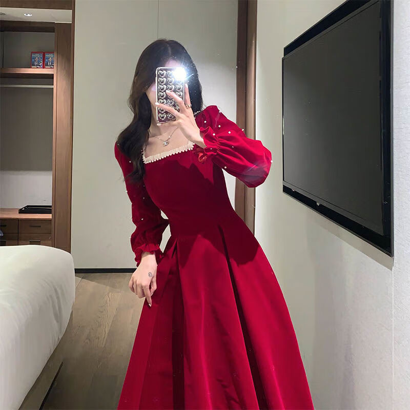 特价捡漏俞兆林红色订婚本命年公主裙子法式打底连衣裙女秋冬赫本风长