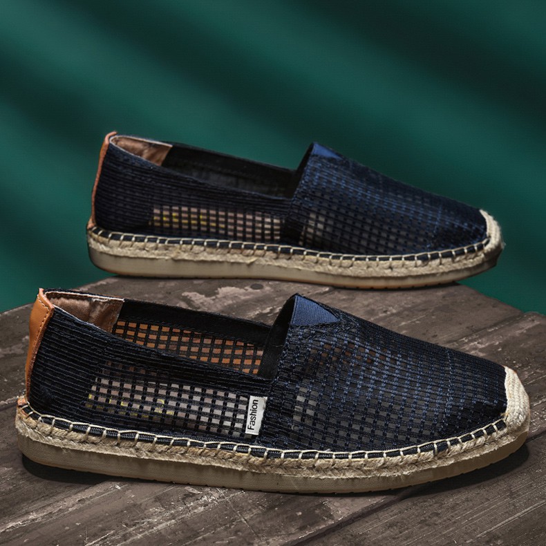 渔夫鞋男男鞋夏季透气镂空麻底渔夫鞋男士一脚蹬网面薄款休闲亚麻布鞋