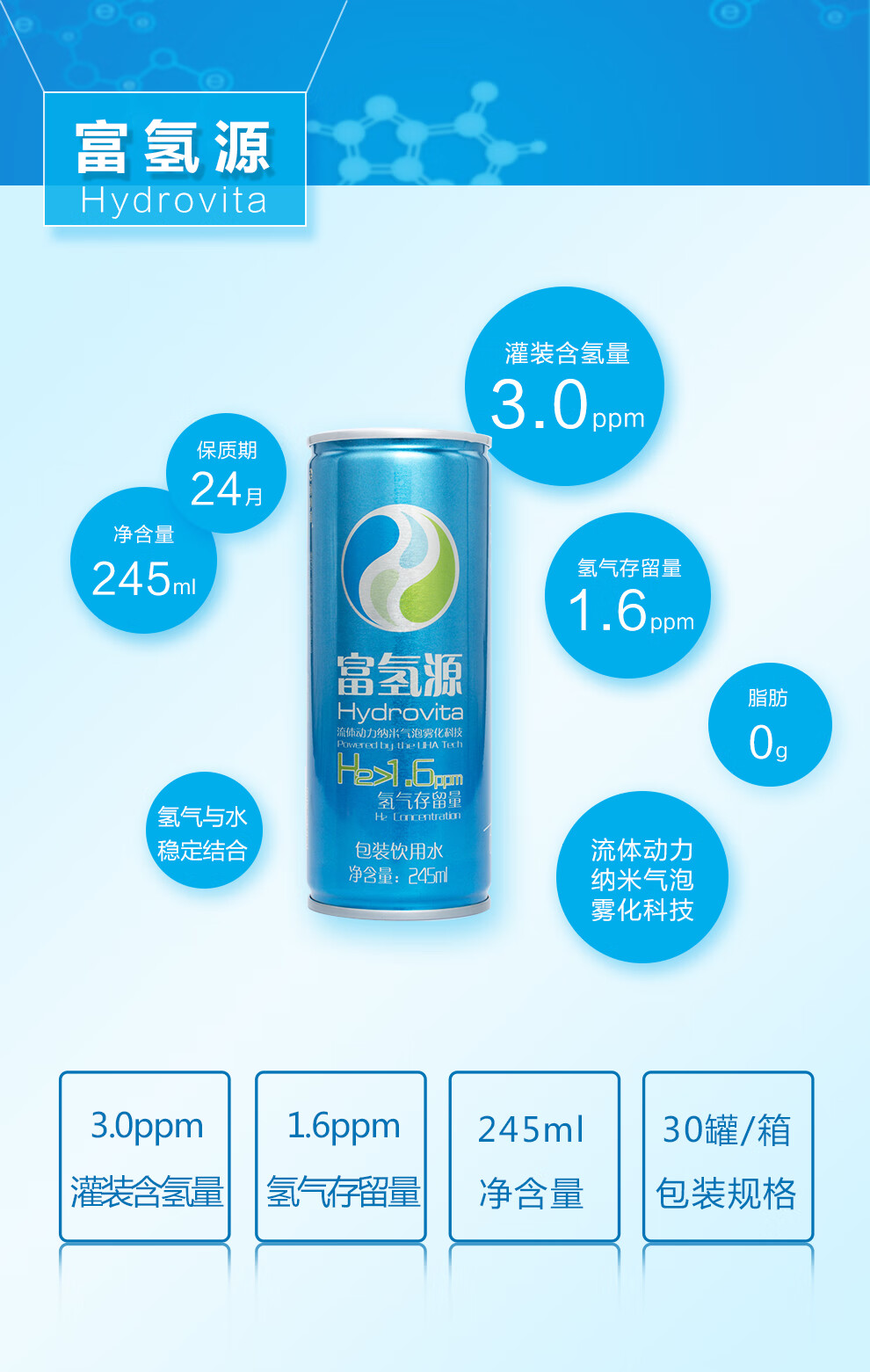 富氢源1箱30罐富氢水饱和氢气水氢气含量大于16ppm水素水胡大一氢水
