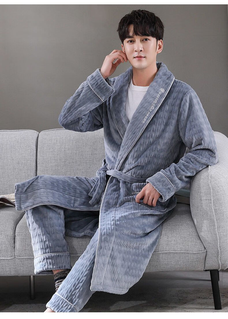 海澜 之家aex 家居服男士睡袍男士秋加厚珊瑚绒睡衣保暖法兰绒浴袍长