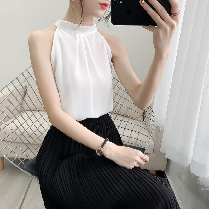 吊带背心女外穿 港味复古chic内搭吊带女雪纺外穿挂脖背心气质无袖