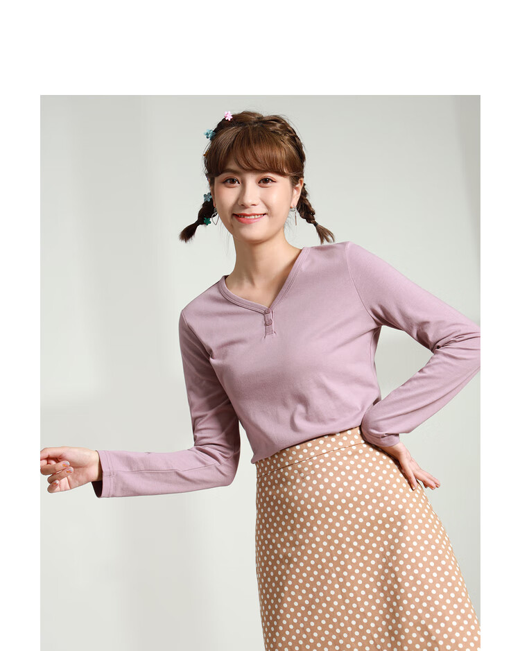 真维斯女装 2020秋装新款 平纹半开门襟小v领长袖t恤 黑色8010 xxl