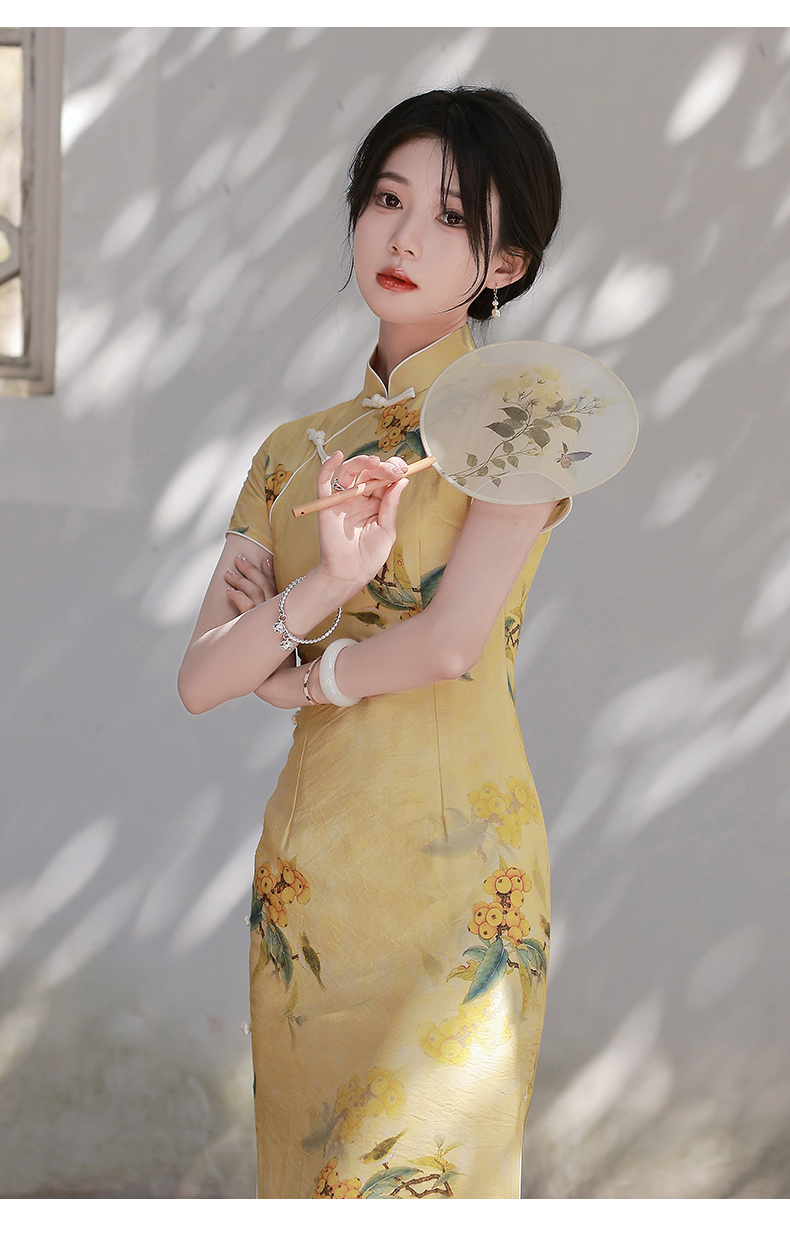 mlcriyg旗袍中国风2022年新款黄色复古气质年轻款少女性感改良连衣裙