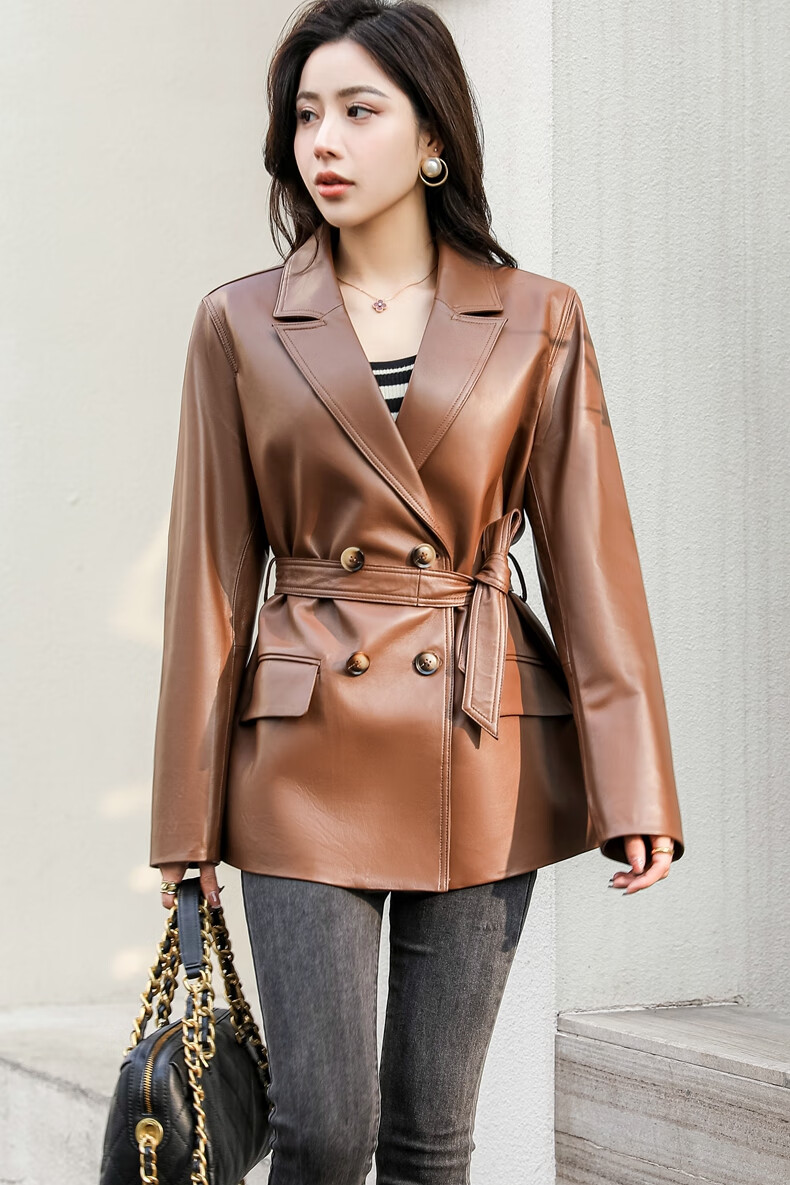 韩尼姿品牌2022春新款真皮皮衣女短款气质西装头层绵羊皮夹克英伦风