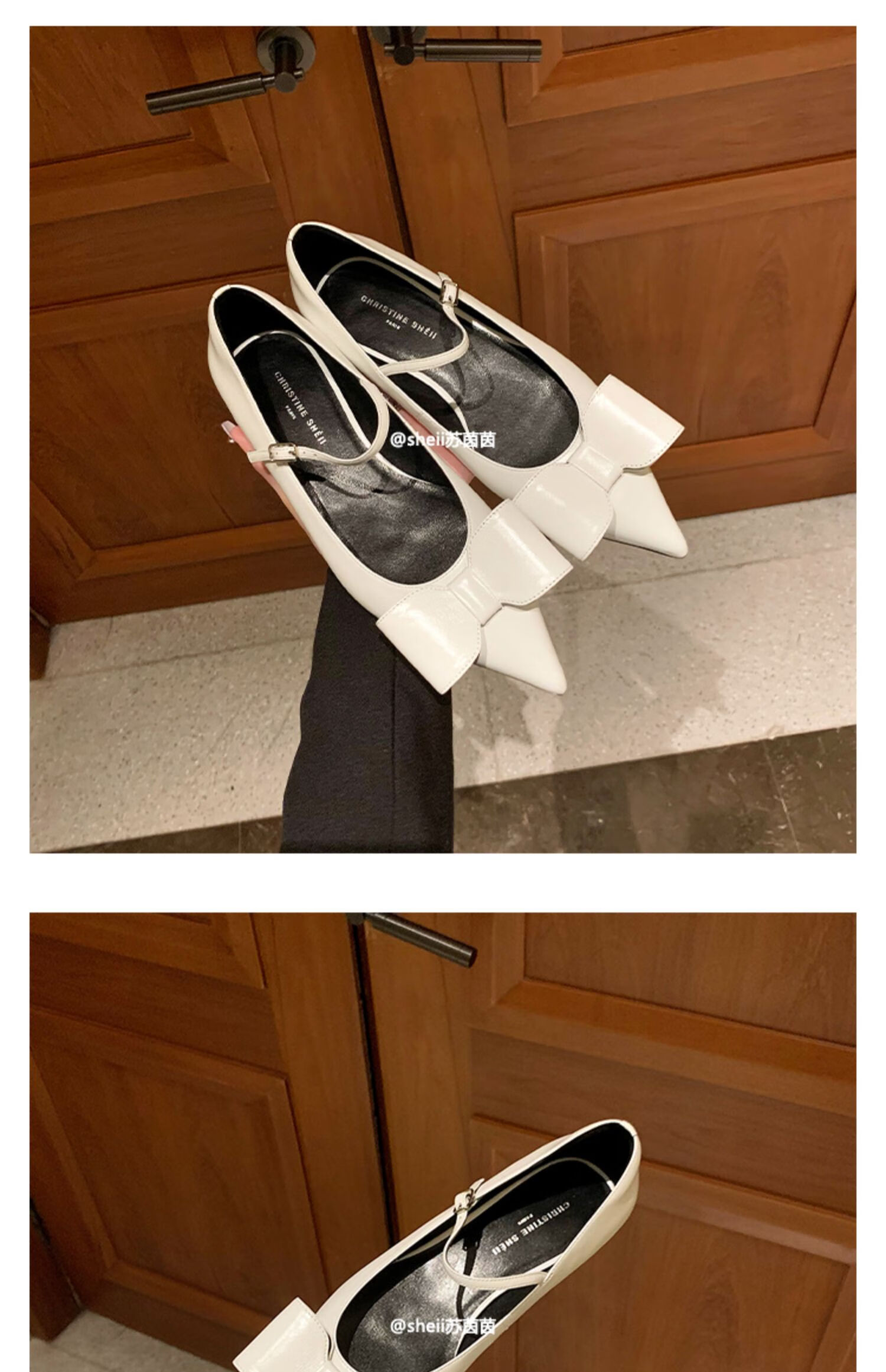 sheii苏茵茵浅口玛丽珍鞋2022新款粗跟尖头蝴蝶结平底单鞋女黑色34