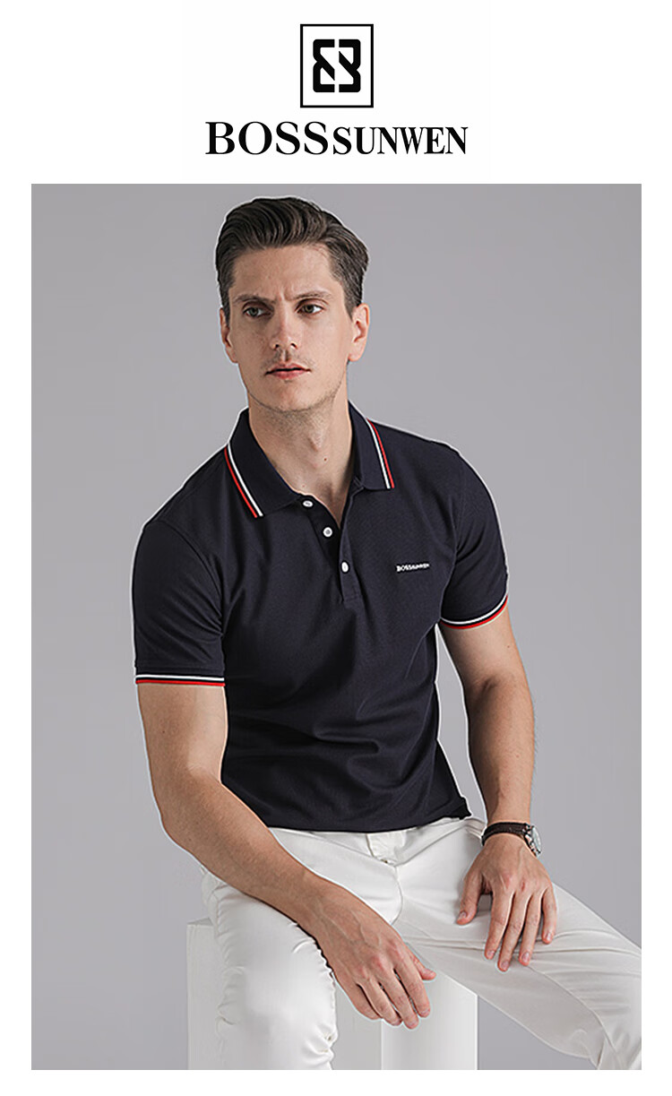 bosssunwen2020年夏季新品全棉品牌logo刺绣短袖t恤领口撞色男式polo