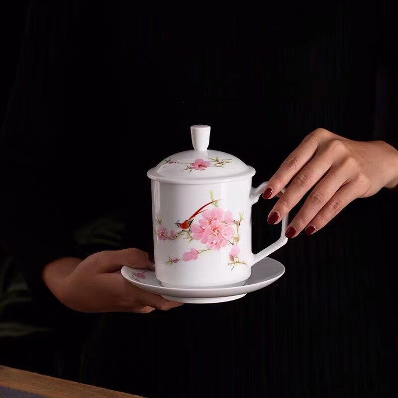 毛瓷茶杯 瓷器7501毛瓷系列手绘水点桃花办公茶杯茶壶 盖碗 红色收藏