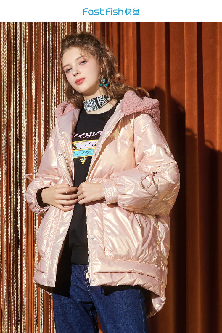 女装 羽绒服 快鱼 快鱼2020冬季新款亮面羽绒服女中长款甜美茧型宽松