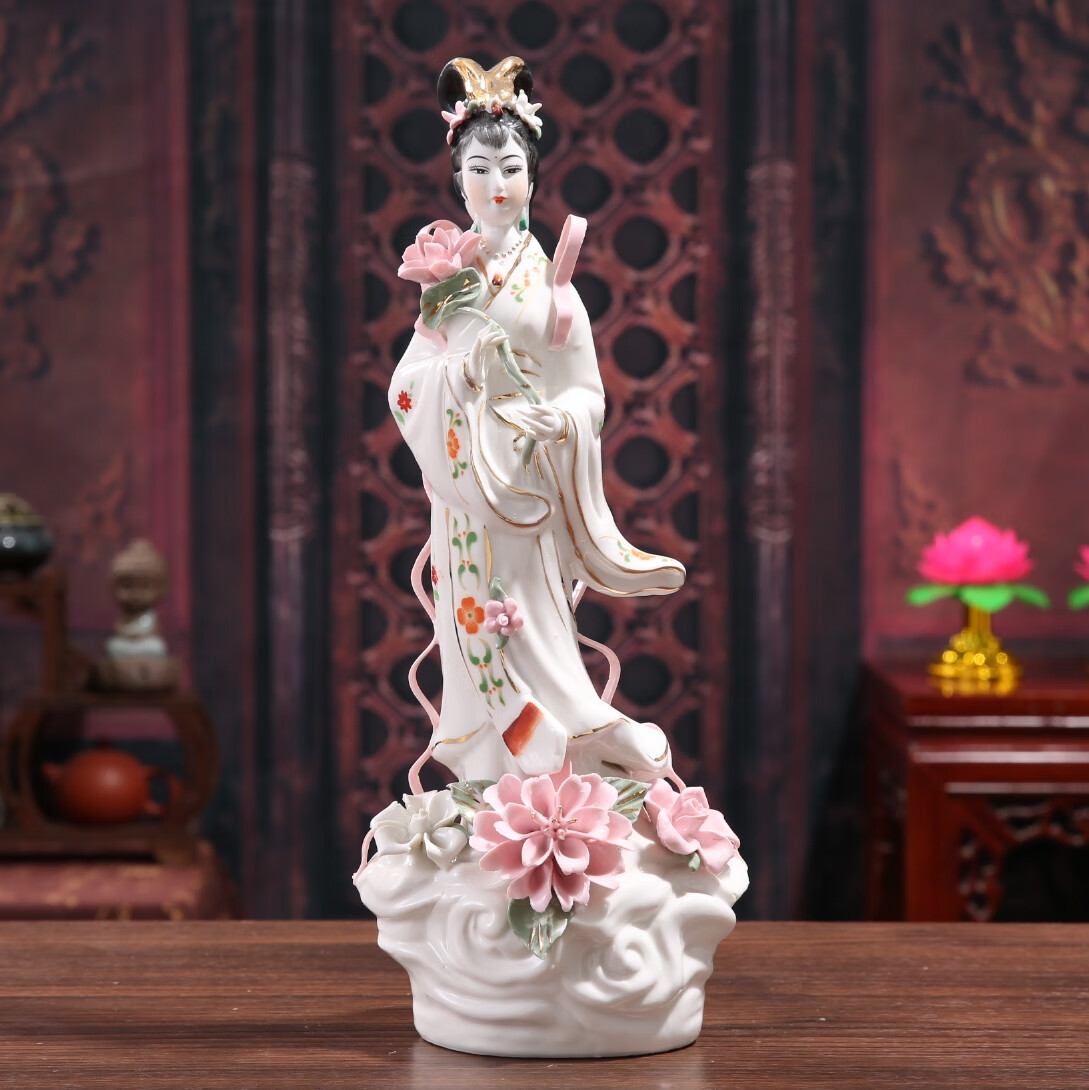舞万花陶瓷何仙姑神像供奉仙女佛像家居客厅摆设八仙过海摆件 16寸