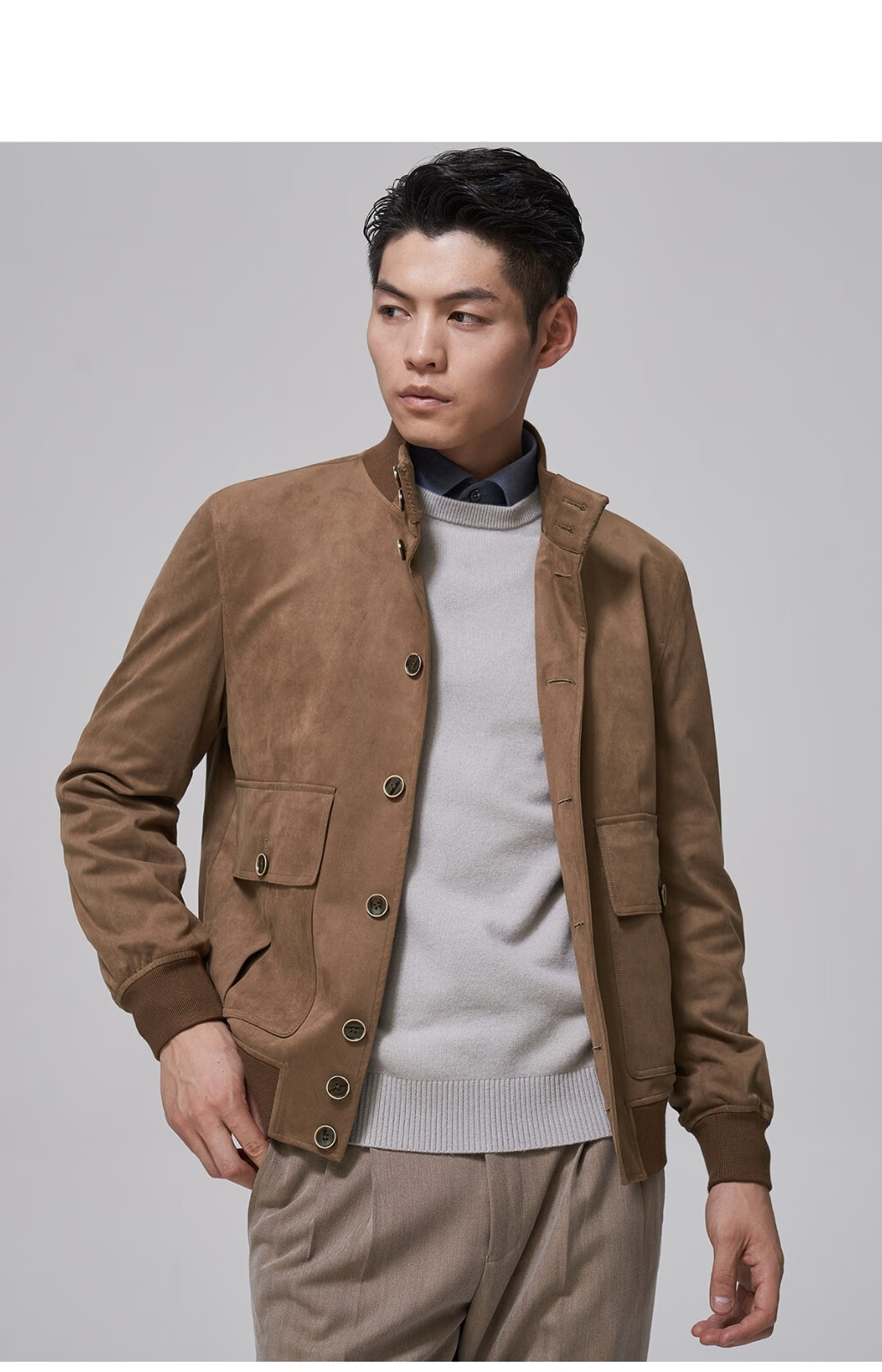 kea立领飞行员夹克a1麂皮绒大地色男士休闲工装外套秋季男装上衣 深咖