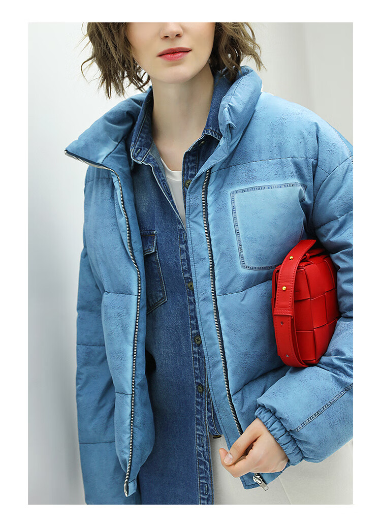cocobella牛仔风印花立领90绒短款羽绒服女保暖面包服ct1221 牛仔蓝 s