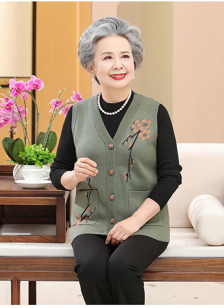 【断码特价】恒源祥奶奶春秋季羊毛背心女中老年人对襟马夹妈妈加厚
