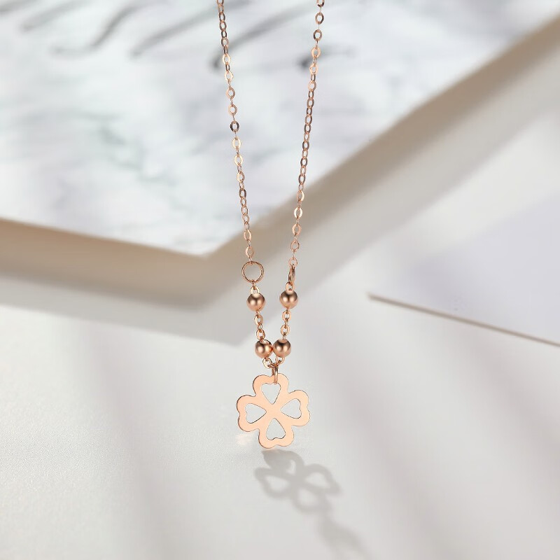 潮宏基 真挚 四叶草18k金项链女士玫瑰金吊坠彩金项链au750金珠金链子