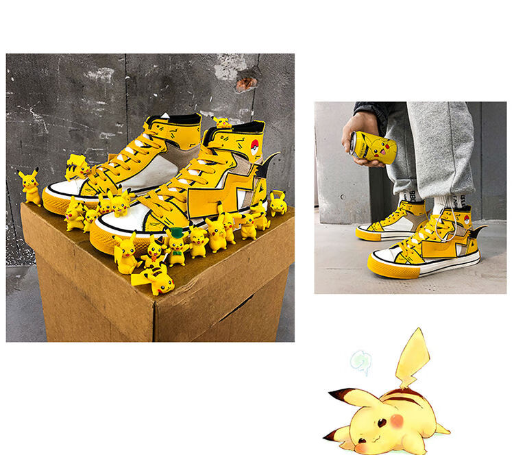 皮卡丘联名鞋aj高帮帆布鞋男动漫涂鸦板鞋春季韩版百搭鞋子男潮鞋 run