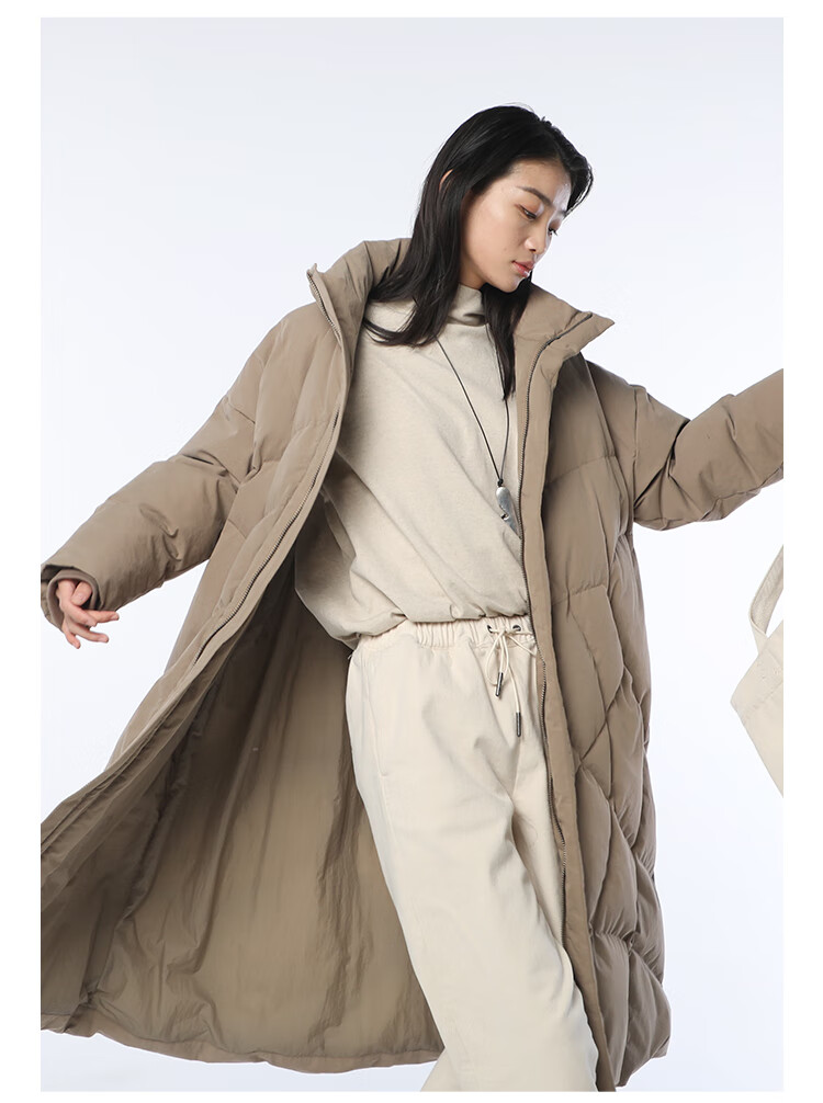 竹林石屋立领女士冬季长款羽绒服拉链原创设计简约通勤常规纯色90白