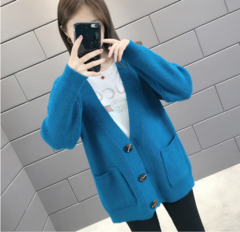 秋冬针织开衫毛衣外套女时尚休闲百搭加厚宽松外套女装上衣 湖蓝色 m