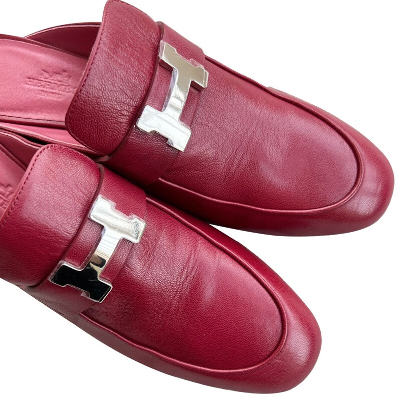 hermes爱马仕红色皮质女士拖鞋红色欧码37