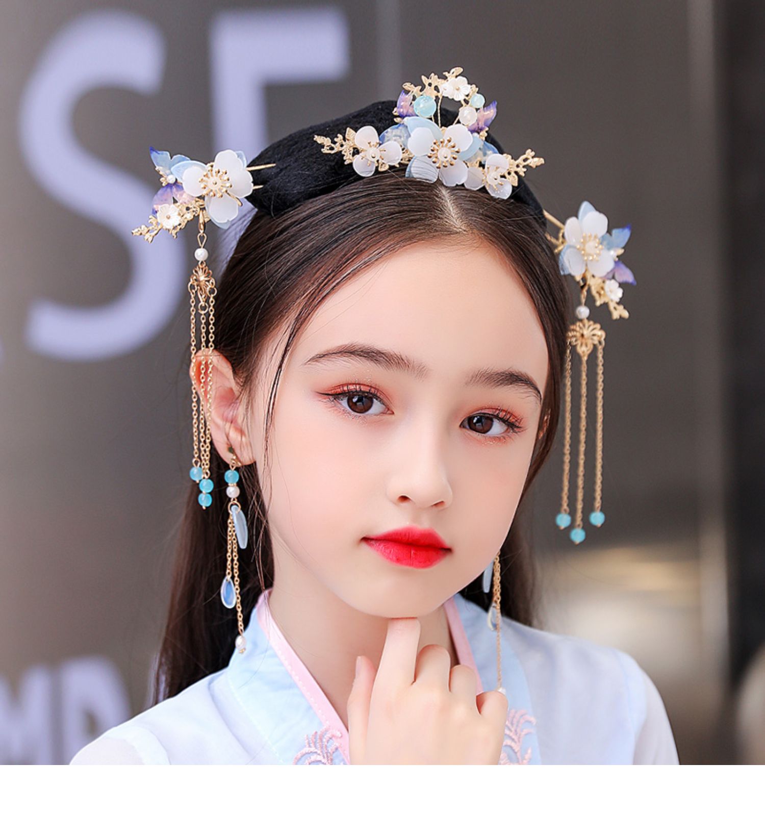 汉服儿童头饰古风发冠发簪步摇流苏中国风古代公主女童古装发饰品一对