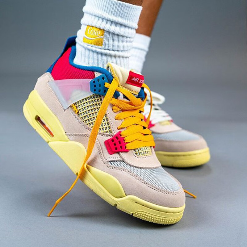 潮耐克nikeairjordan4aj4xunion联名骑士南海岸篮球鞋粉红蓝dc