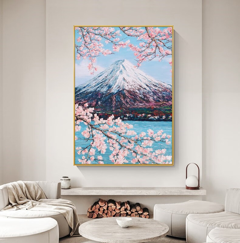 景超富康象森蒙手绘油画日式樱花富士山现代简约轻奢北欧风景装饰画