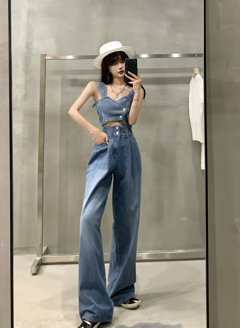 牛仔吊带背心高腰牛仔裤牛仔小吊带套装女显腿长宽松薄款拖地裤复古