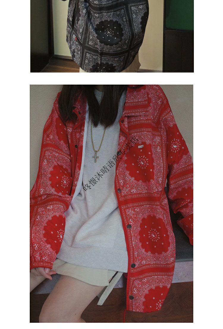 1807黑色红色满版腰果花印花刺绣logo宽松剪裁街头嘻哈夹克男女同款