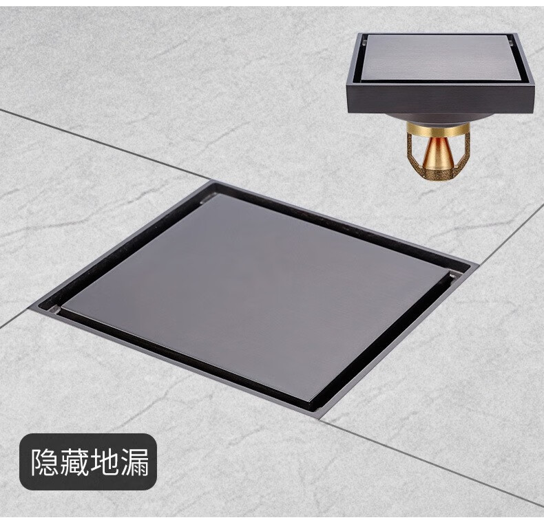 方形枪灰色隐形全铜防臭地漏厨房淋浴房双用洗衣机隐藏式直条820abs直