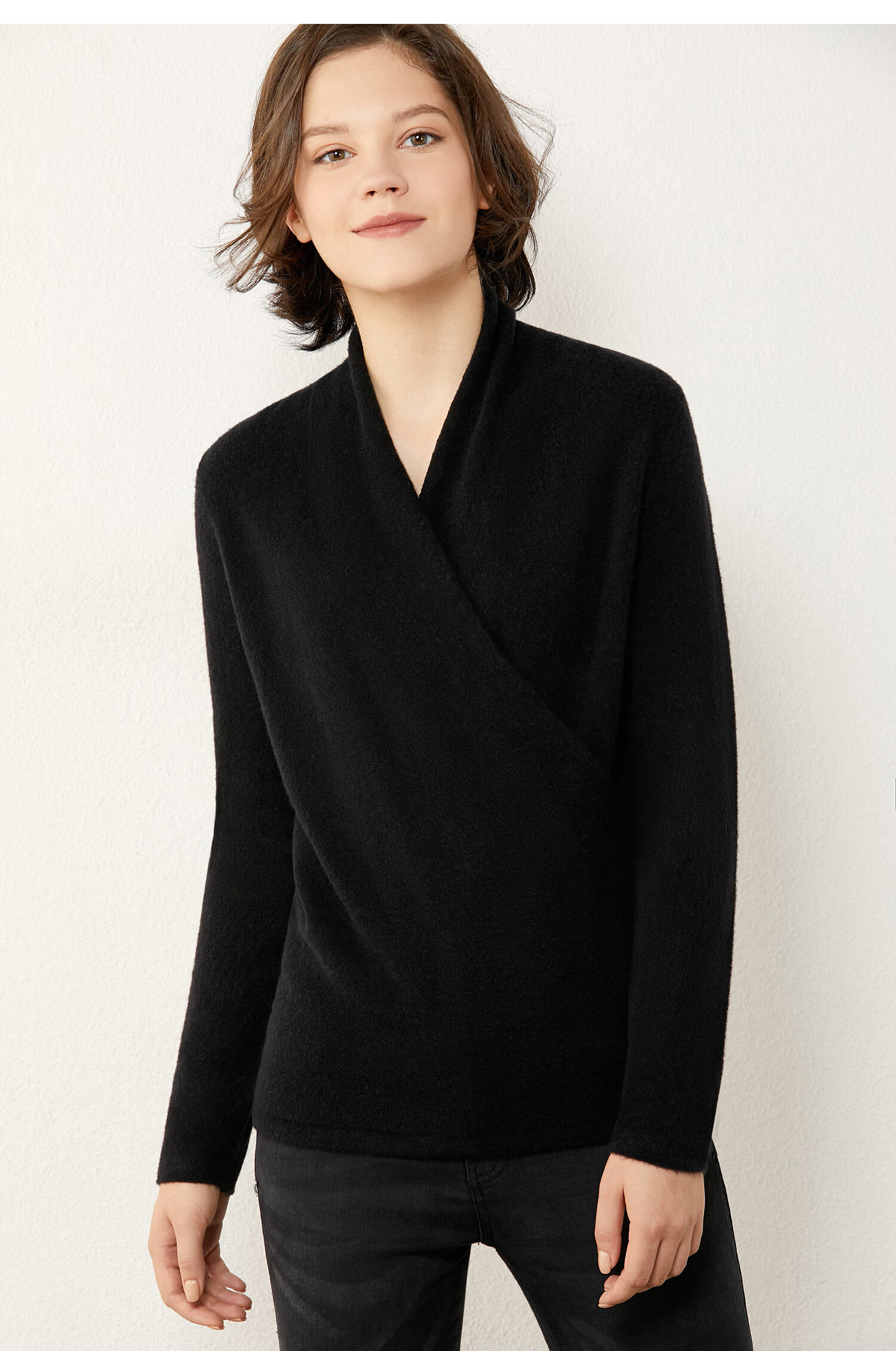 amii极简通勤时尚围裹交叉v领毛衣冬季新款修身显瘦上衣女 摩卡色 160