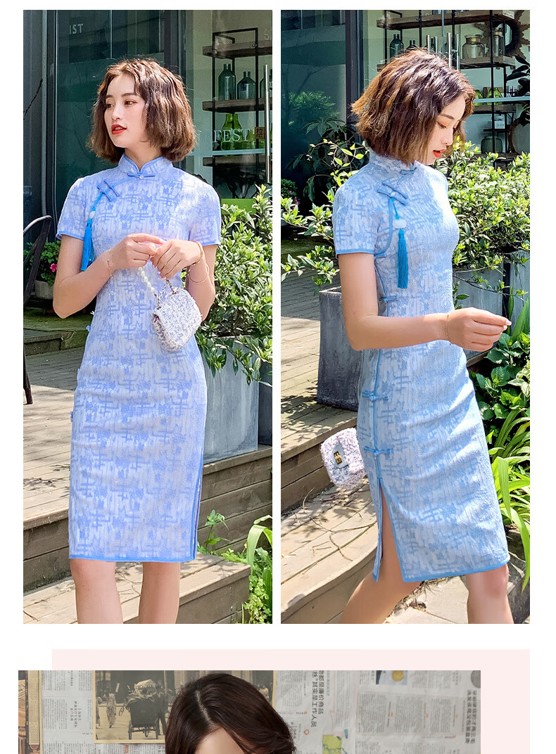 旗袍女连衣裙夏季改良版复古中国风年轻款少女法式女短款9029浅蓝色s