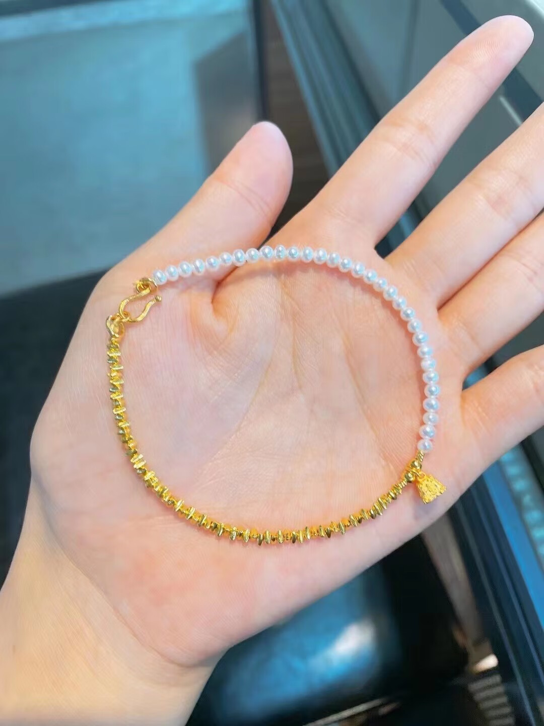 珍珠称心如意足金999硬金手工编织送女友首饰生日礼物碎金珍珠手链