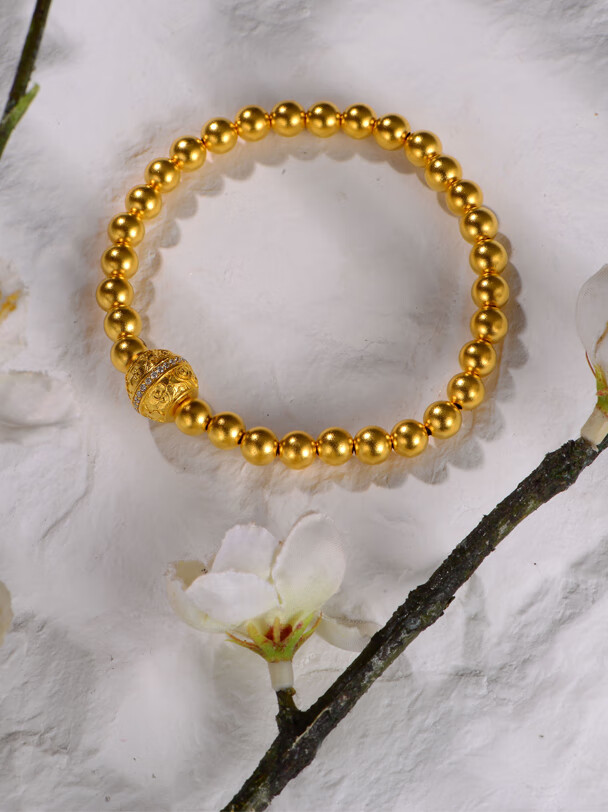 磨砂面6mm古法金珠手串传承古法手工定制礼物祥云黄金钻石手链约218克