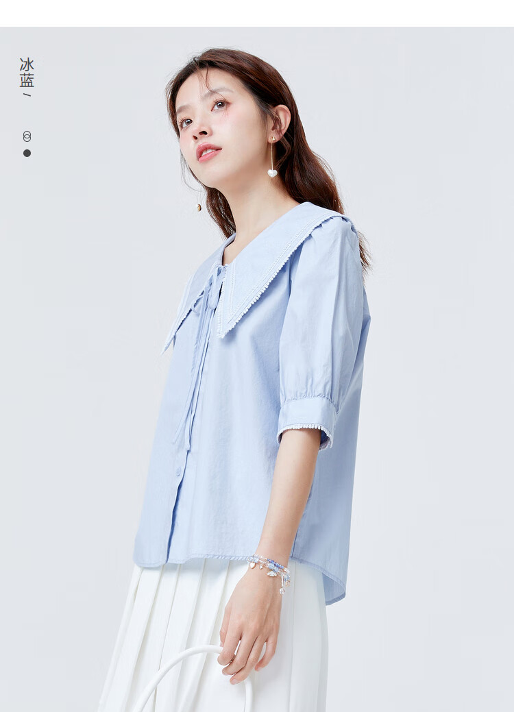 门店发货森马中袖衬衫女纯棉复古大翻领2022夏新款韩版衬衣文艺奶黄