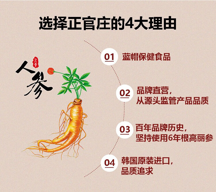 正官庄人参韩国六年根高丽参红参礼盒高丽参良字40支375g2盒盒