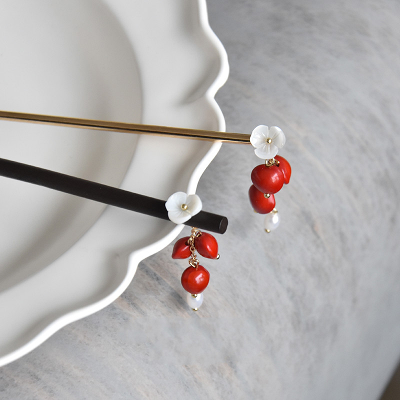 相思红豆簪子发簪蝶贝木复古小众旗袍日常手工日韩配饰043红豆金属