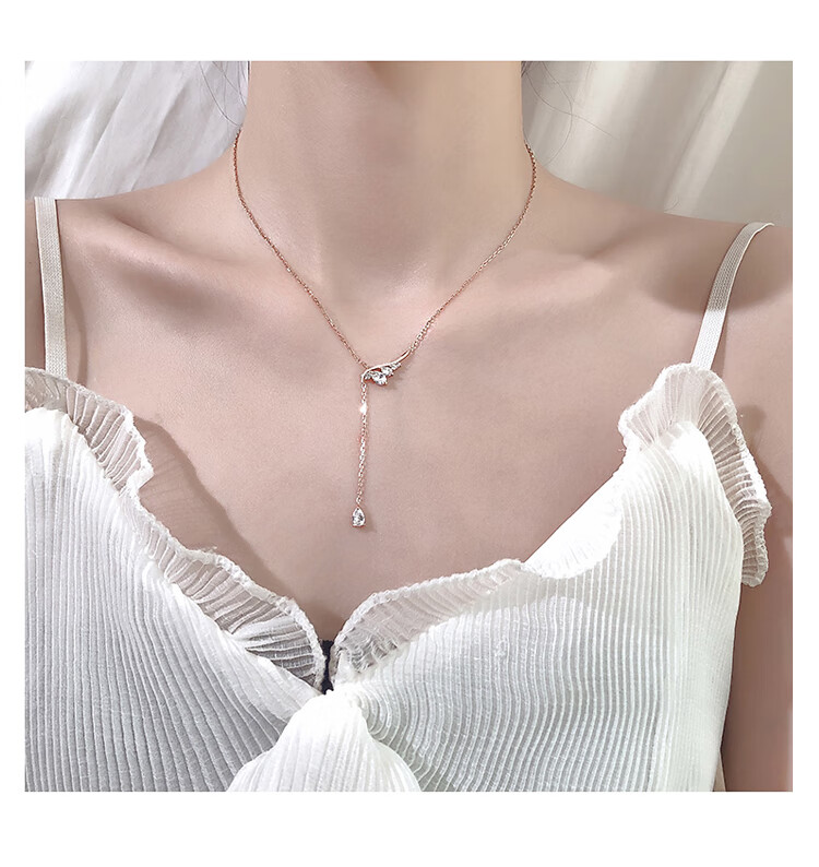 颈链性感锁骨链首饰时尚银饰品生日礼物 天使翅膀流苏项链(白金色)