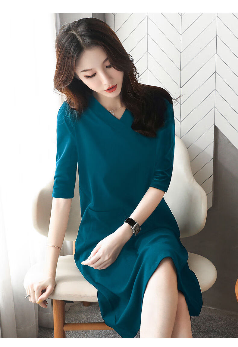 孔雀蓝连衣裙气质洋气时尚纯色五分袖春夏装2020流行女装新款夏款 中
