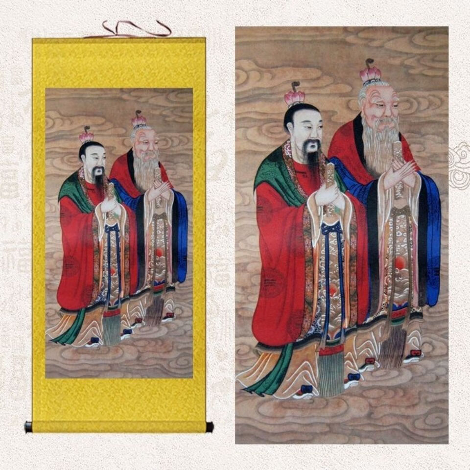 道教四大天师画像张道陵葛玄萨守坚许逊卷轴画道场供奉水陆挂画金黄色