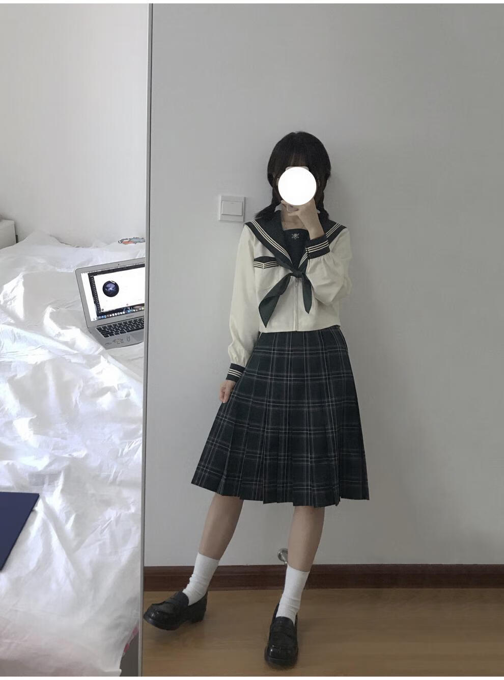 水手服胡桃木jkjk制服水手服女校供感上衣 墨绿奶白 秋夏 长裙 xs