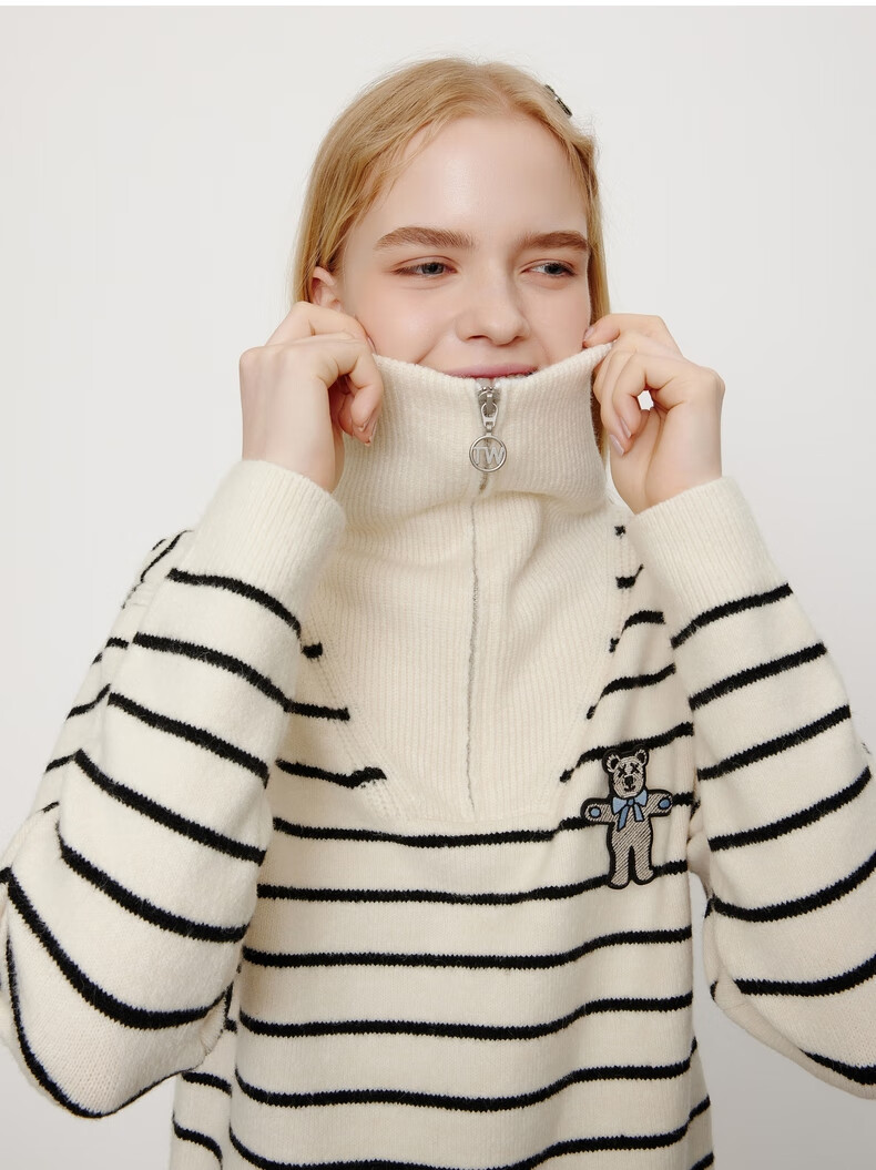teenieweenie小熊半拉链高领条纹套头毛衣针织衫外穿小个子女新品ttk