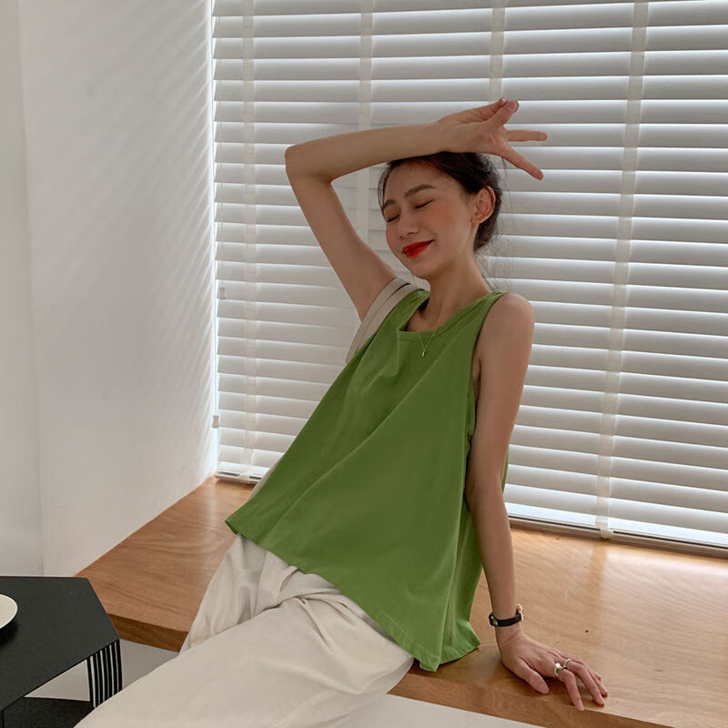 夏季无袖宽松夏外穿白色运动背心吊带内搭上衣打底衫学生女潮 绿色