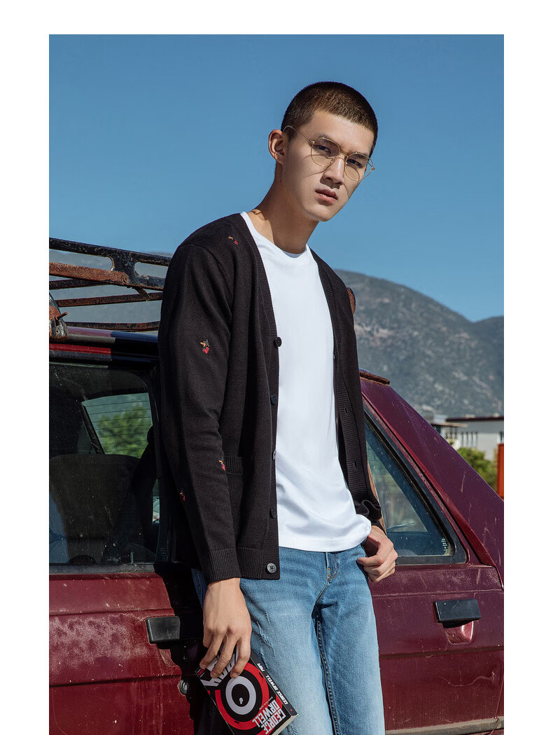 卡宾男装黑色针织衫外套2020春夏新款杜宾犬刺绣简约时尚情侣装b 煤