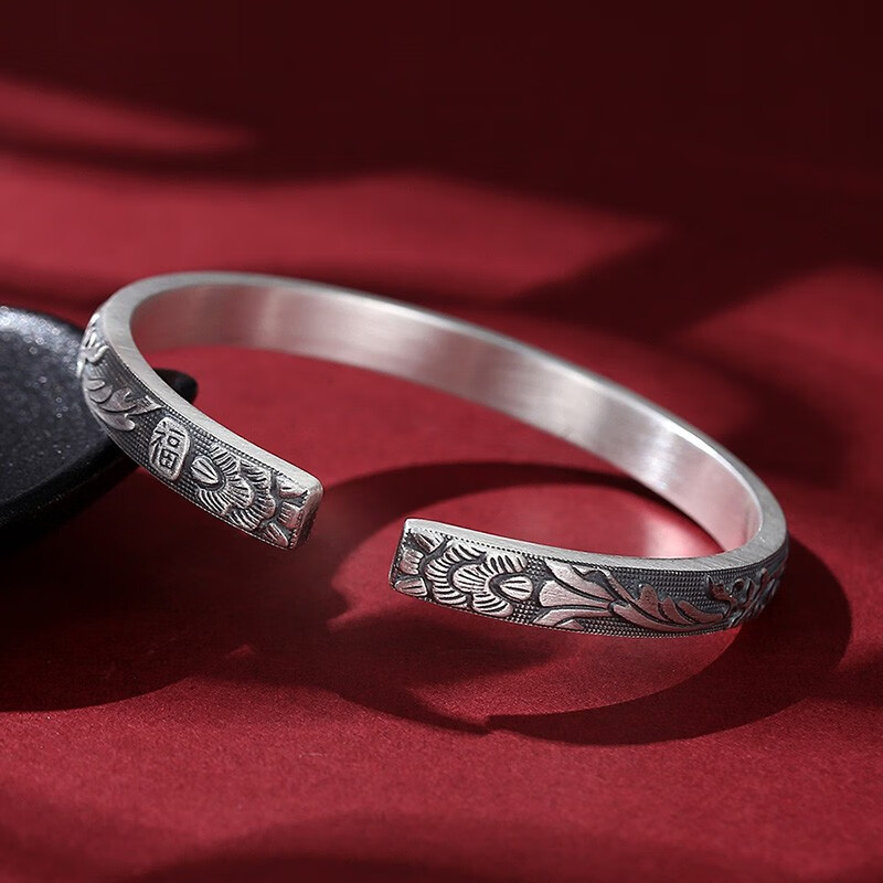 泰光银楼银手镯999足银镯子缠枝纹福字开口银手环男女中式复古银重约