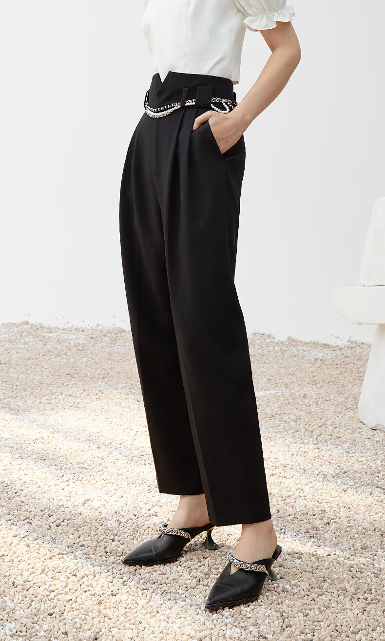 ochirly欧时力裤子女2022新款秋装高腰显瘦哈伦裤休闲裤配腰带 黑色